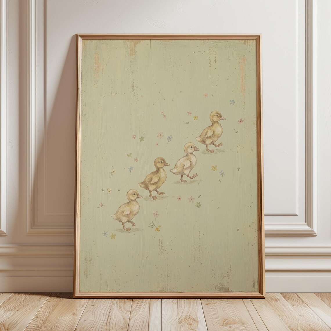 Four Baby Ducklings Sage Green Vintage Floral Nursery Poster