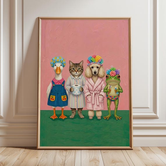 Funny Maximalist Animal Print Whimsical Cat Duck Poodle Frog Bathroom Decor Quirky Powder Room Poster Colorful Kitsch Electric Wall Art