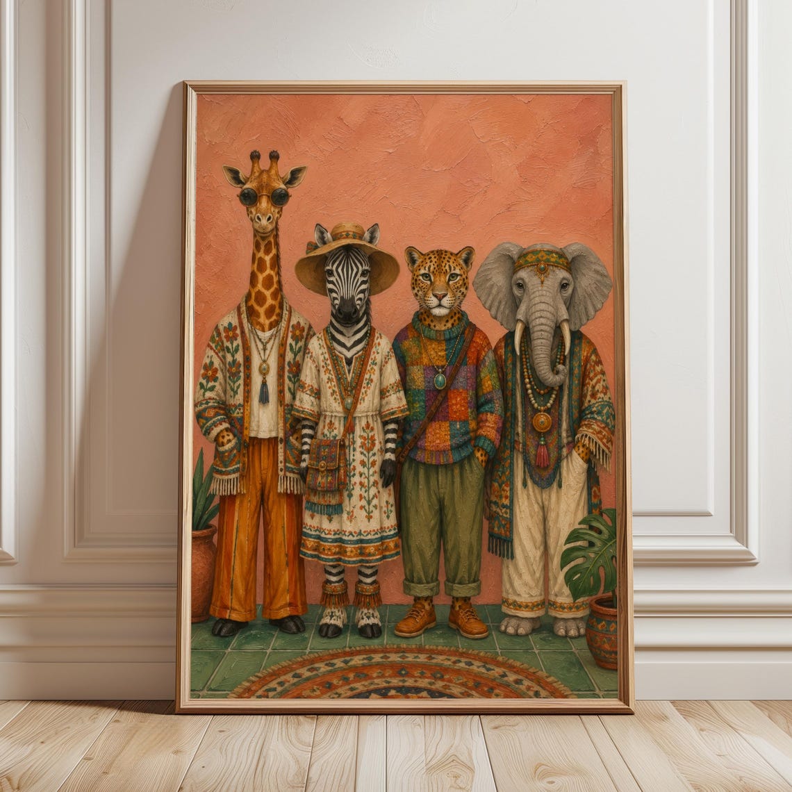 Boho Safari Animals in Clothes Giraffe Zebra Elephant Poster