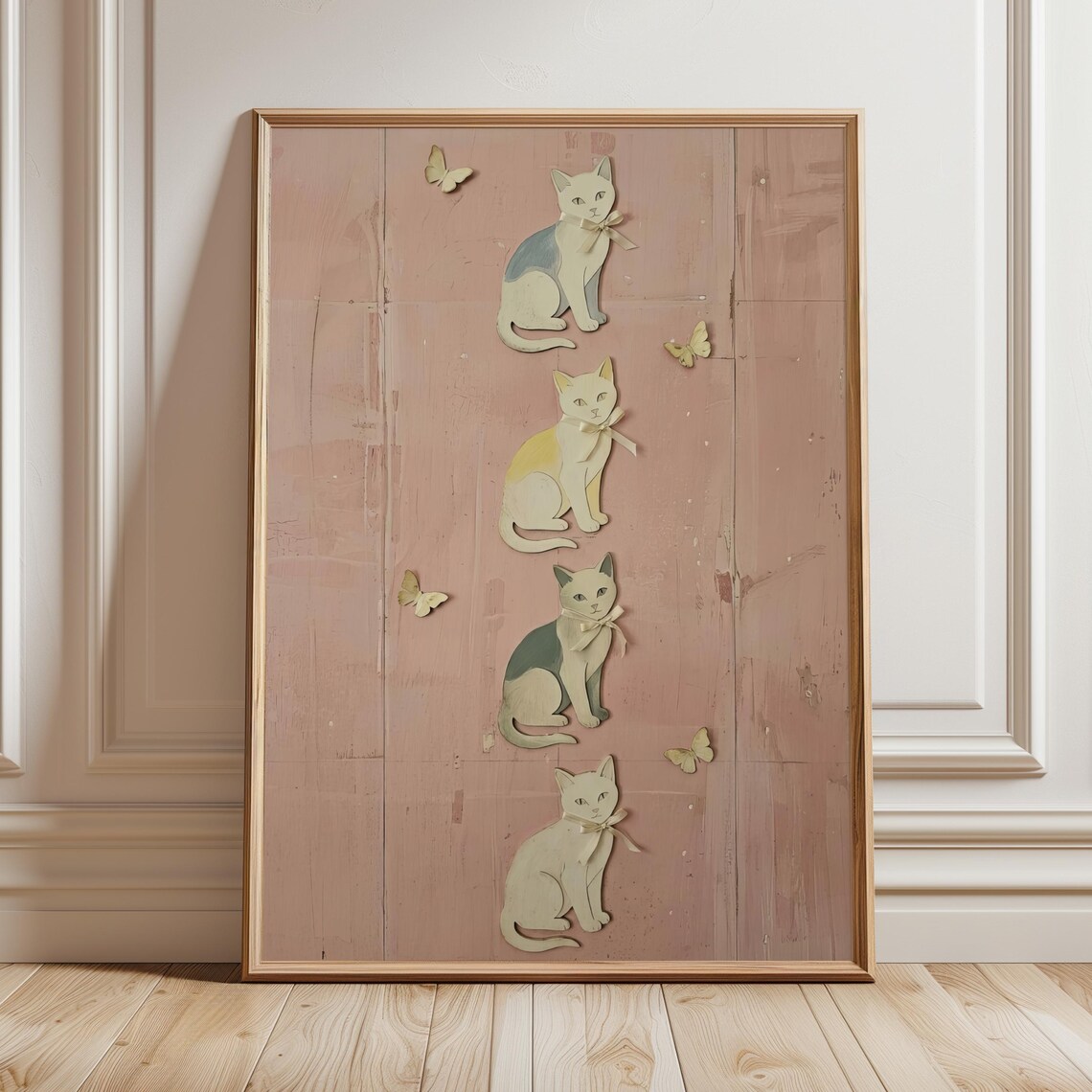 Vintage Storybook Four Cats in a Row Pastel Naive Folk Poster