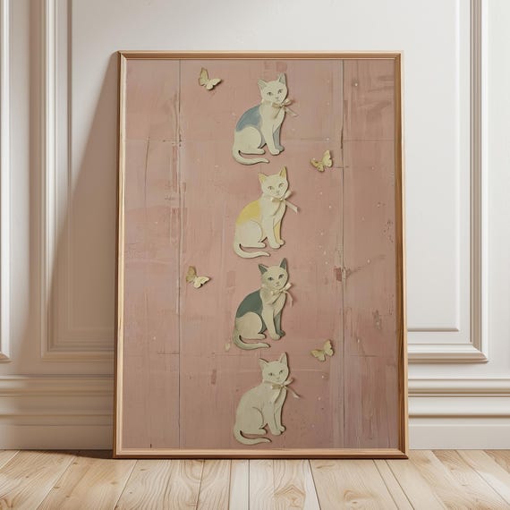 Vintage Storybook Cat Wall Art Pink Girls Room Animal Illustration Print Naive Folk Kittens With Bows Cottagecore Whimsical Nursery Decor