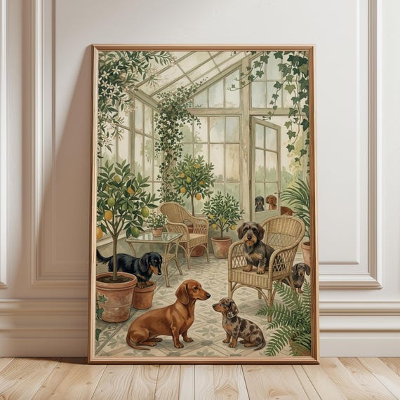 Dachshund Greenhouse Art Print Cottagecore Dog Wall Decor Botanical Grandmillennial Poster Whimsical Lover Gift Digital Download