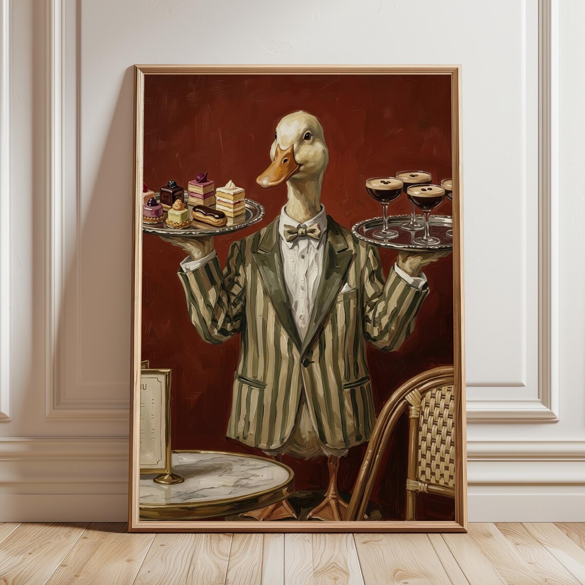 Funny Duck Waiter in Striped Suit Serving Pastries Paris Cafe Poster