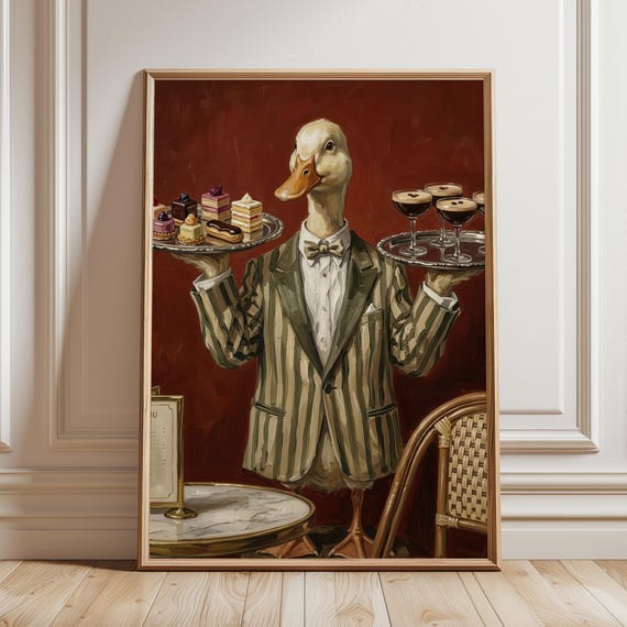 Funny Duck Waiter Wall Art Print Moody Paris Cafe Animal Kitchen Decor Whimsical Bar Cart Poster Maximalist Espresso Martini Painting