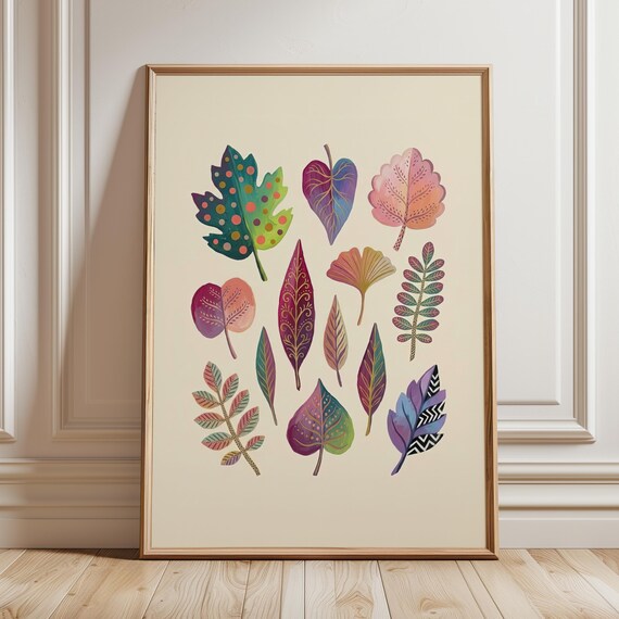 Colorful Decorative Leaves Folk Art Poster Whimsical Botanical Gallery Art