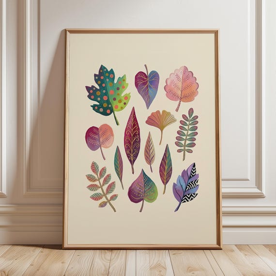 Maximalist Botanical Print Whimsical Forest Leaves Wall Art Colorful Folk Poster Eclectic Cottagecore Plant Decor Digital Download
