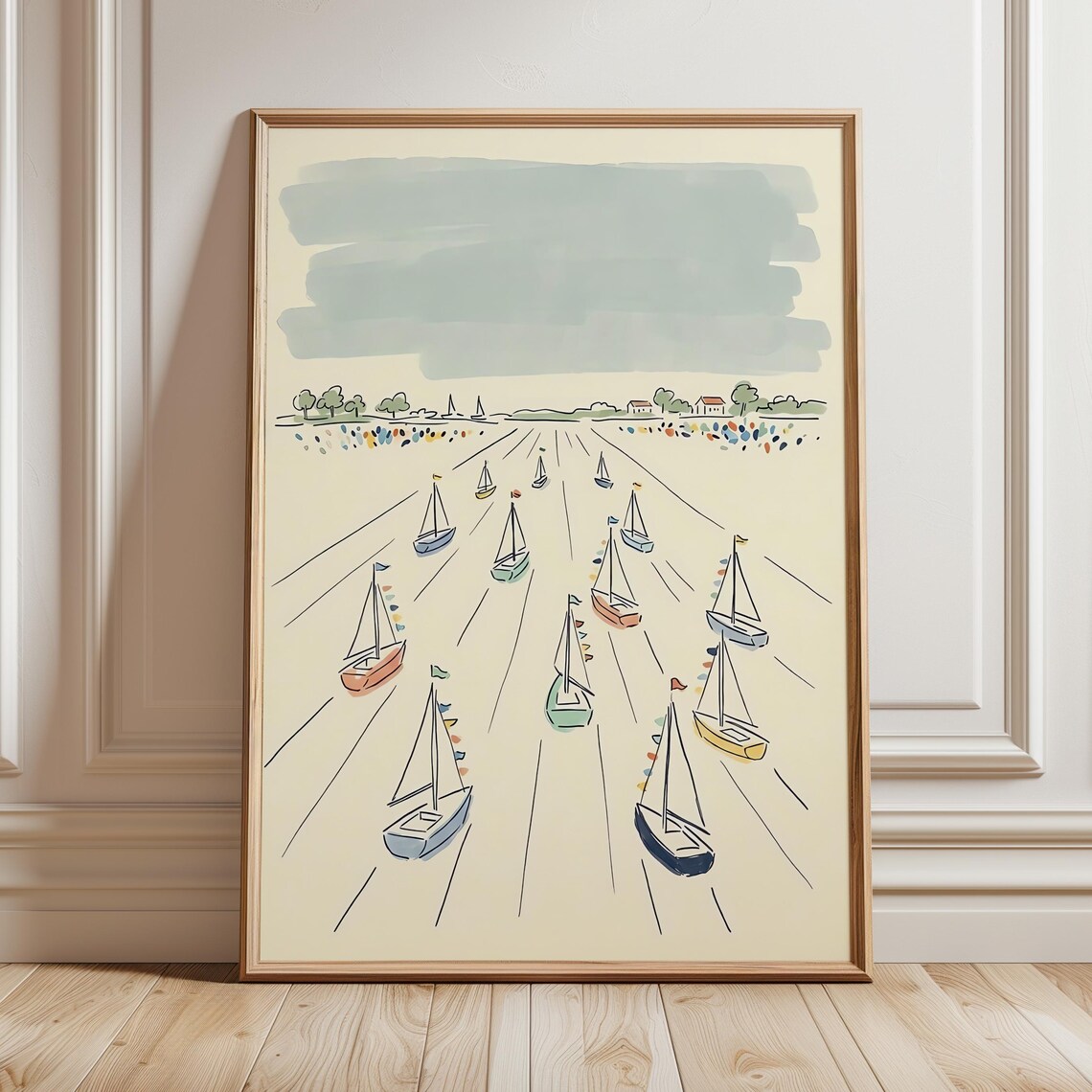 Minimalist Sailboat Regatta Line Drawing Coastal Nursery Kids Room Wall Art