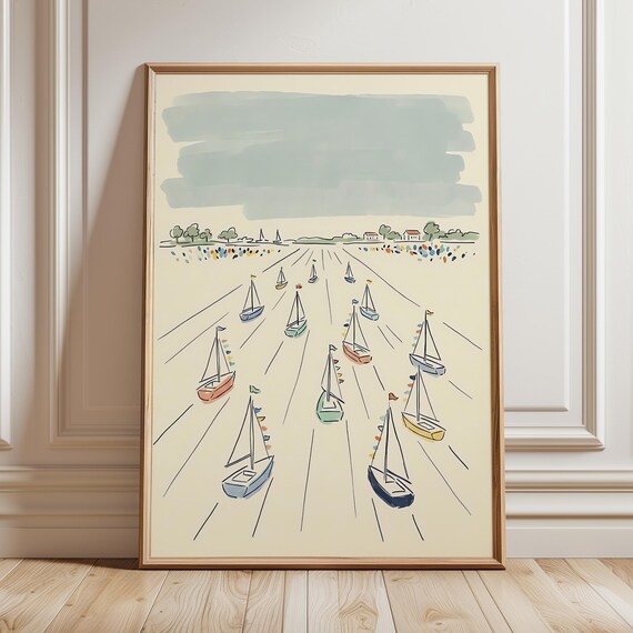 Minimalist Sailboat Regatta Line Drawing Coastal Nursery Kids Room Wall Art