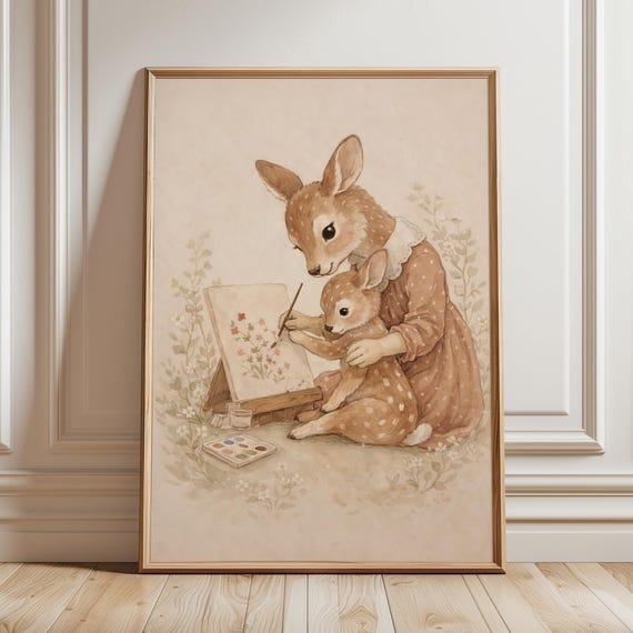Vintage Deer Nursery Wall Art Mother And Fawn Painting Print Whimsical Woodland Animal Storybook Mural Anthropomorphic Baby Room Decor