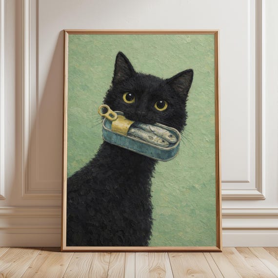 Black Cat With Sardines Print Quirky Cottagecore Kitchen Wall Art Whimsical Folk Style Poster Gift For Mom Naive Animal Painting