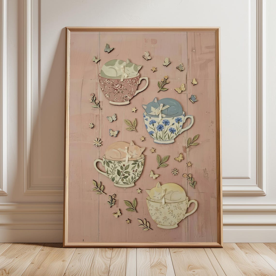 Kittens Sleeping In Teacups Cute Butterfly Nursery Decor Poster