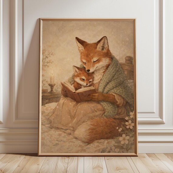 Mama Fox Reading To Baby Print Woodland Nursery Art Storybook Animal Book Nook Decor Cottagecore Forest Illustration Digital Download