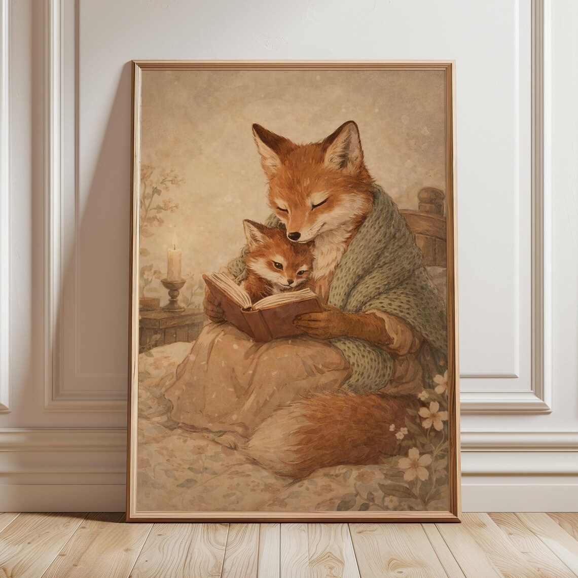 Mama Fox Reading Bedtime Story To Baby Cub Cozy Nursery Wall Art