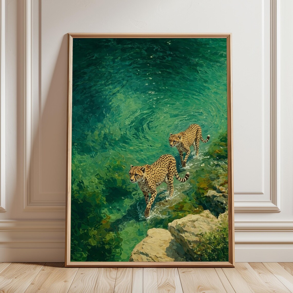 Cheetahs Emerald Water Print, Abstract Wildlife Art