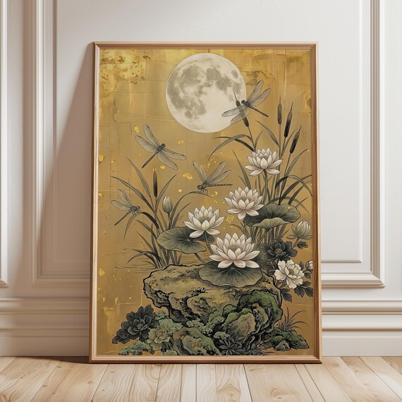 Dragonfly Water Lily Wall Art Print Japandi Zen Botanical Decor Japanese Gold Leaf Pond Artwork Luxury Nature Poster Digital Download
