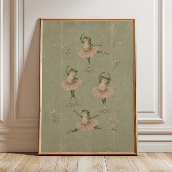 Ballet Frog Wall Art Print Sage Green Cottagecore Nursery Decor Whimsical Dancer Painting Vintage Fairytale Animal Kids Room Poster