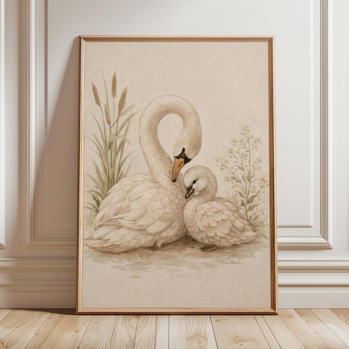 Mother Swan and Cygnet Watercolor Storybook Nursery Art Poster