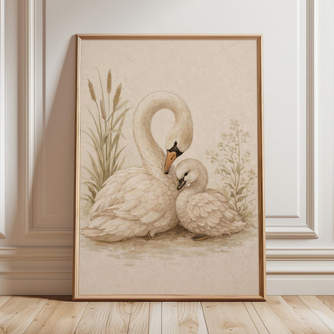 Vintage Swan Mother And Baby Painting Storybook Cygnet Illustration Neutral Nursery Decor Woodland Room Art Print Antique Bird Poster