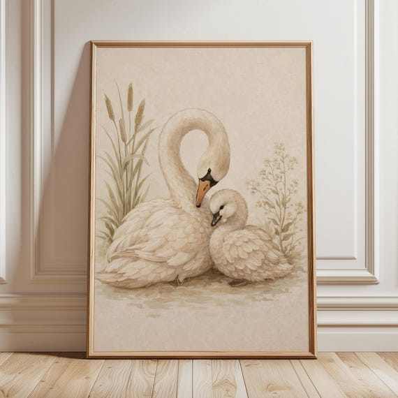 Vintage Swan Mother And Baby Painting Storybook Cygnet Illustration Neutral Nursery Decor Woodland Room Art Print Antique Bird Poster