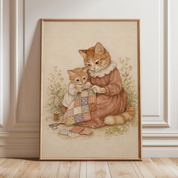 Orange Tabby Cat Sewing Art Print Vintage Cottagecore Nursery Decor Whimsical Quilting Mother Poster Cozy Craft Room Digital Download