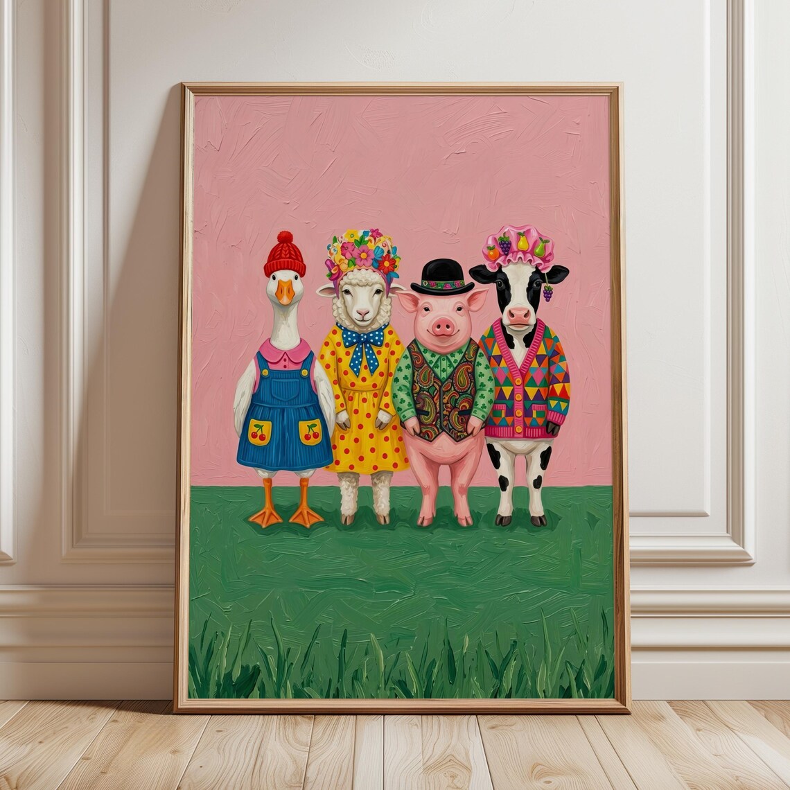 Funny Farm Animals in Costumes Goose Sheep Pig Cow Nursery Poster