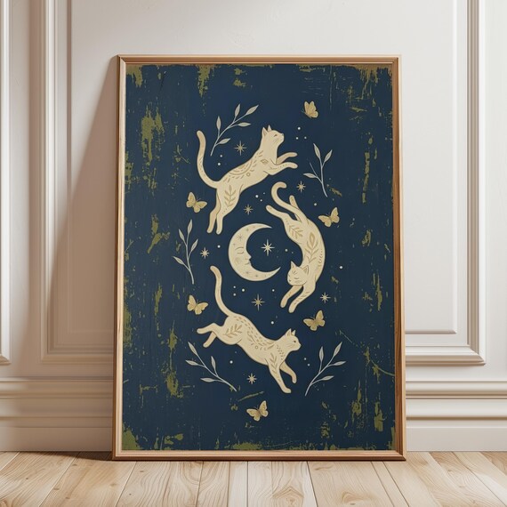 Storybook Cat Folk Art Print Mystical Animal Illustration Whimsical Vintage Moon And Stars Cats Nursery Decor Dark Teal Celestial Poster