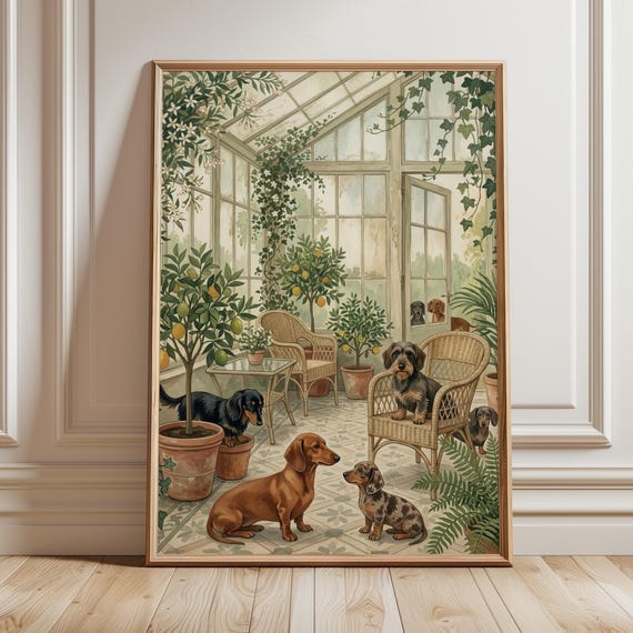 Dachshund Greenhouse Art Print Whimsical Dog Caf Wall Decor Cottagecore Botanical Artwork Grandmillennial Poster Lover