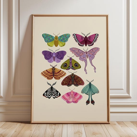 Colorful Moth Folk Art Print Maximalist Wall Decor Whimsical Butterfly Eclectic Gallery Poster Vibrant Nature Artwork Digital Download