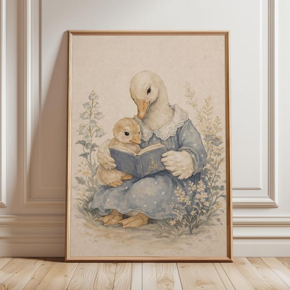 Mother Goose Baby Animal Reading Poster Vintage Storybook Nursery Decor Cottagecore Kids Room Book Nook Printable Digital Download