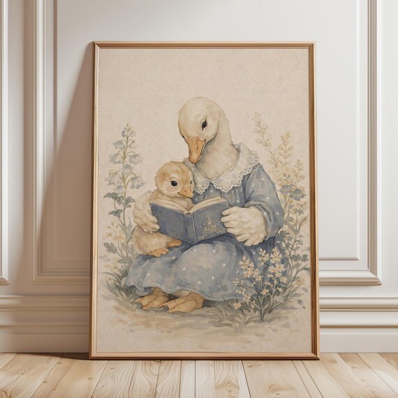 Mother Goose Reading To Baby Gosling Vintage Storybook Nursery Poster