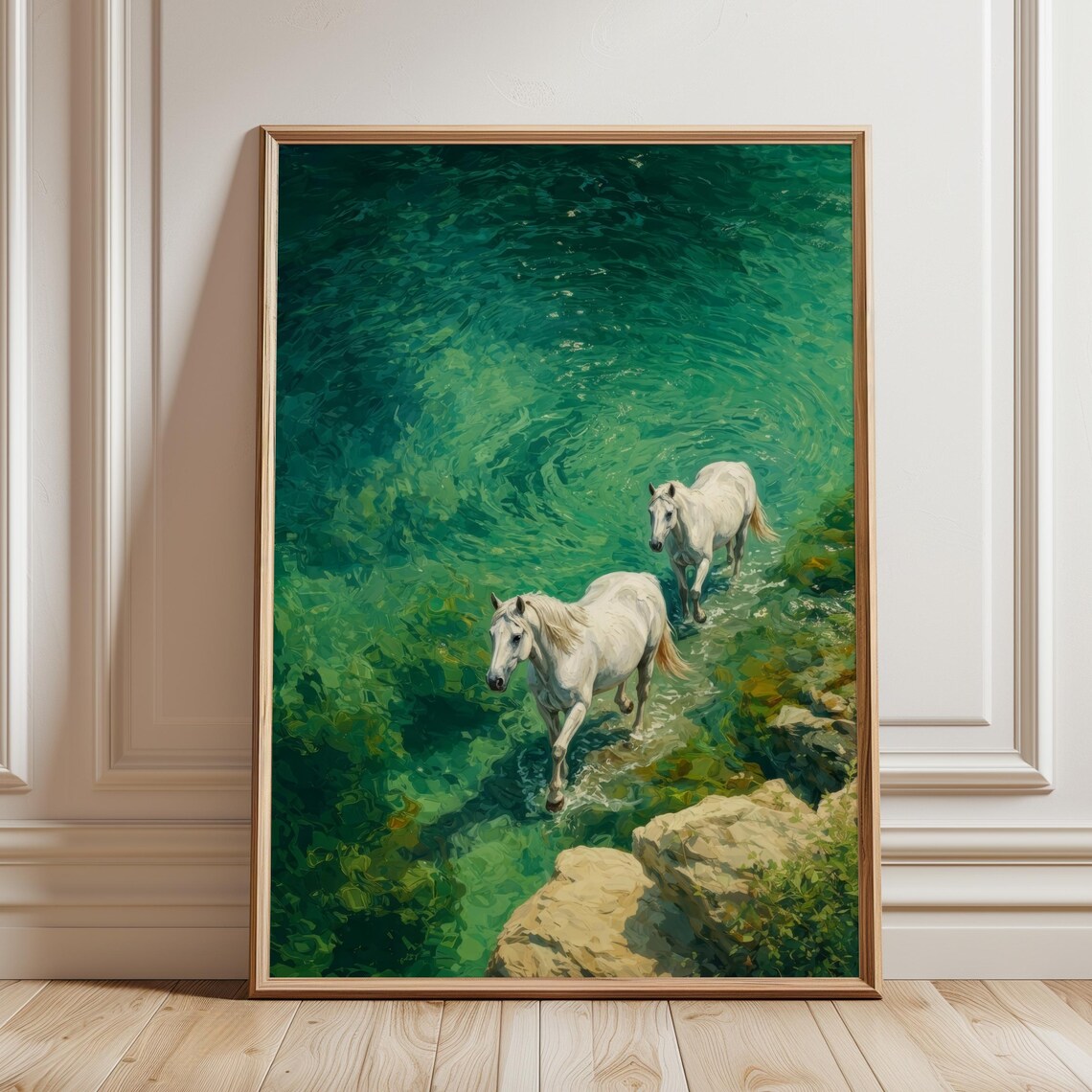 White Horses Swimming Emerald Water Poster Coastal Equine Ocean Art