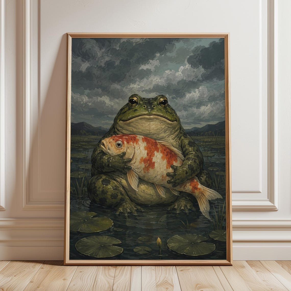Frog Hugging Koi Fish Moody Dark Cottagecore Pond Scene Poster