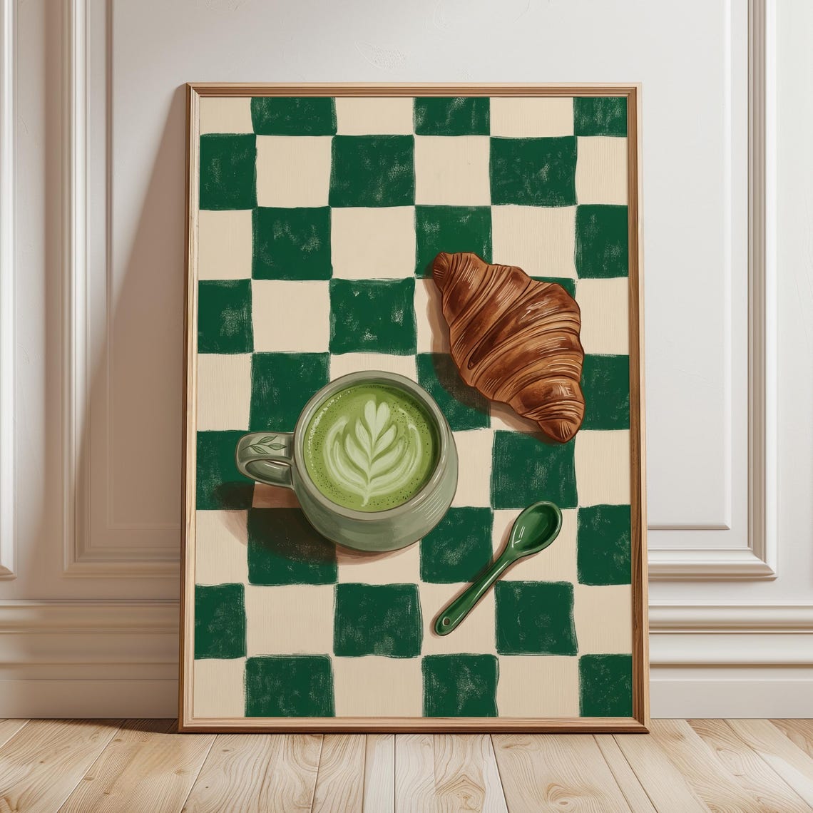Matcha Latte Croissant Checkerboard Green Kitchen Food Art Poster