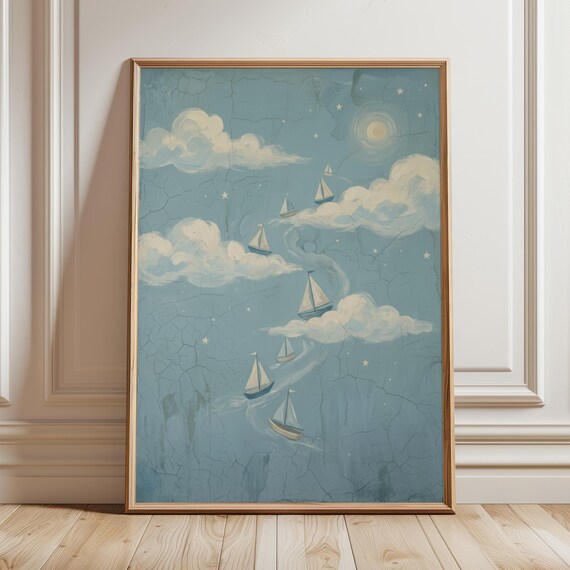 Sailboats Sailing Through Clouds Dreamy Vintage Nautical Sky Poster