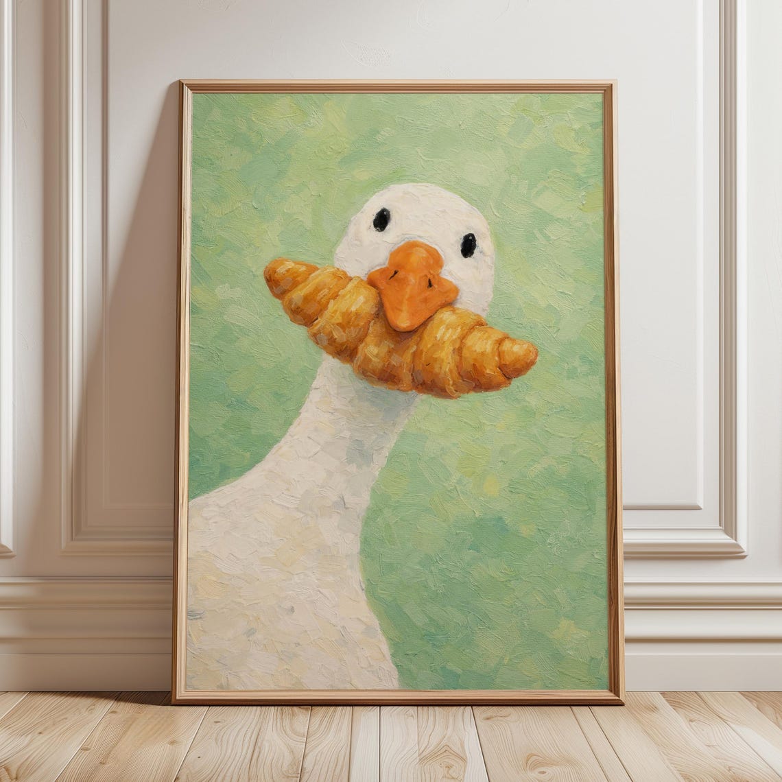 Cute White Duck Holding Croissant Funny Impasto Painting Wall Art