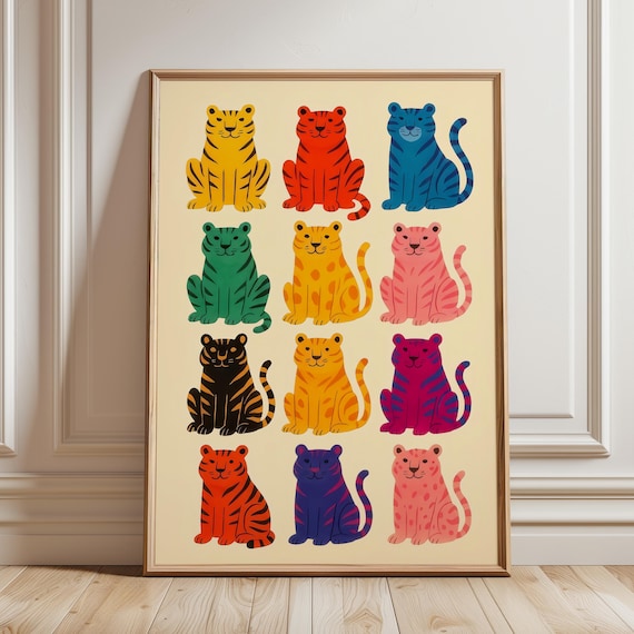 Twelve Colorful Cartoon Tigers Grid Playful Big Cat Friends Poster