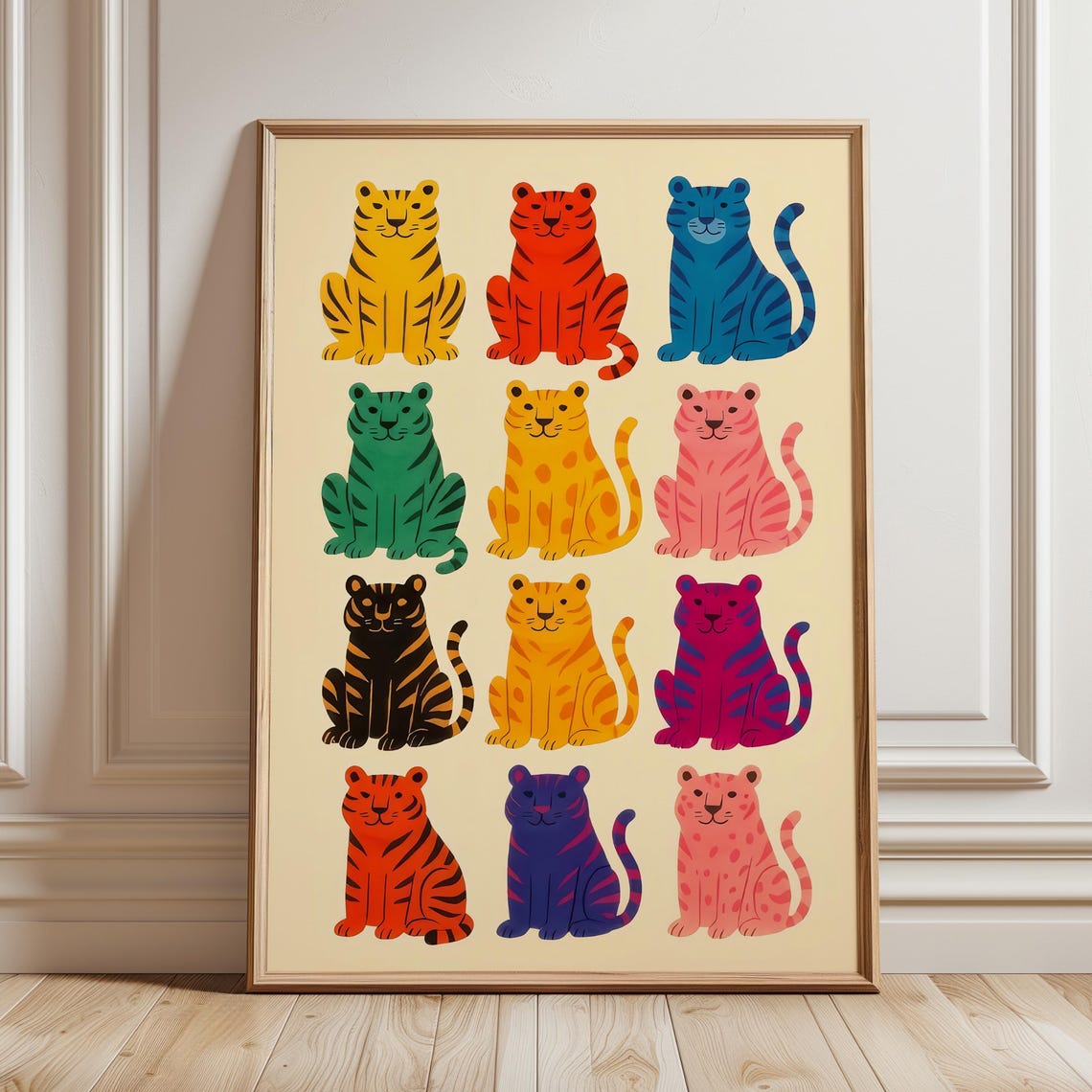 Twelve Colorful Cartoon Tigers Grid Playful Big Cat Friends Poster