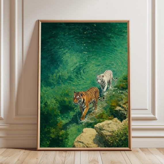 Tiger Ocean Vintage Coastal Animal Art Print