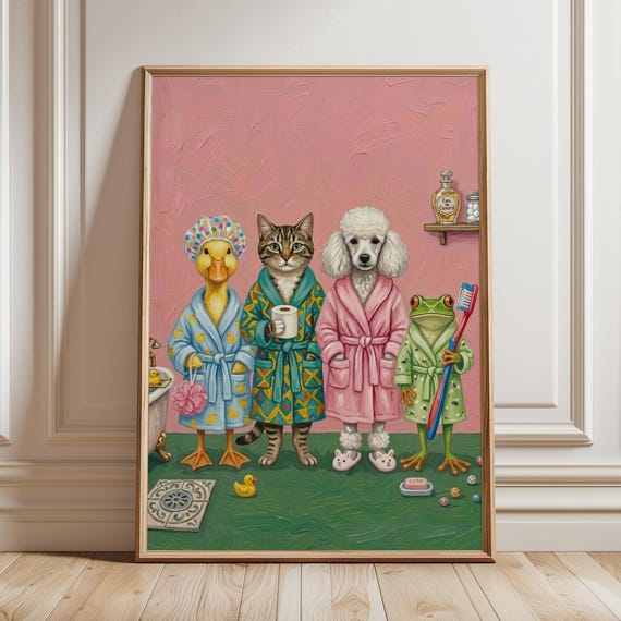 Funny Bathroom Print Whimsical Animal Bathrobe Illustration Quirky Decor Maximalist Playful Wall Art Poster Digital Download