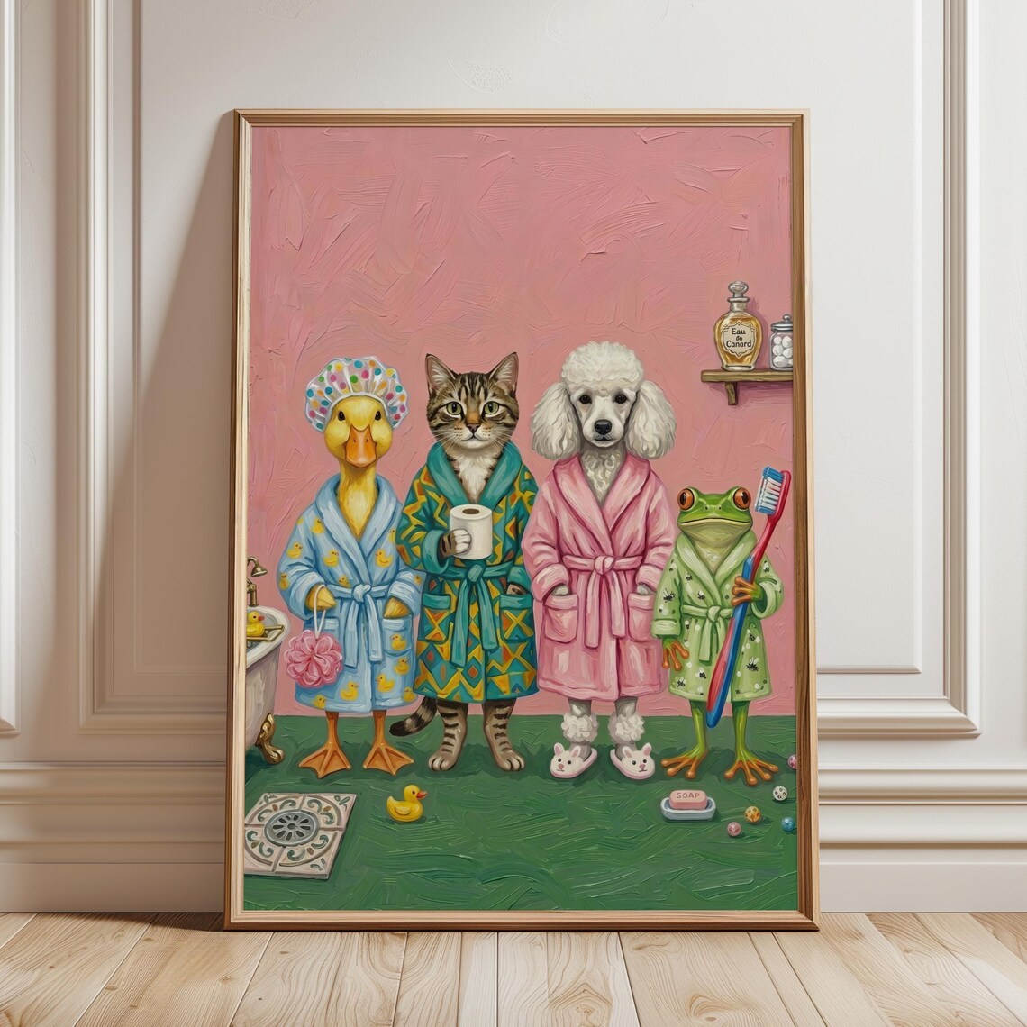 Animals in Bathrobes Pink Bathroom Duck Cat Poodle Frog Whimsical Poster
