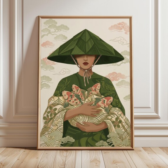 Japandi Koi Fish Art Print Japanese Woman Poster Modern Zen Minimalist Decor Moody Asian Aesthetic Wabi Sabi Home Gift Digital Download