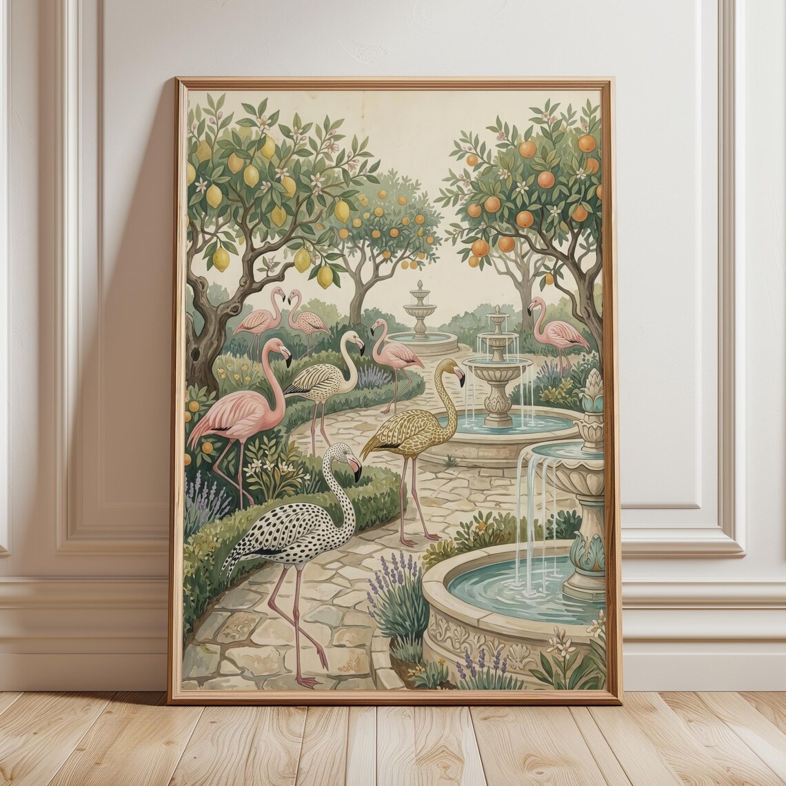 Whimsical Flamingo Garden Art Print, Mediterranean