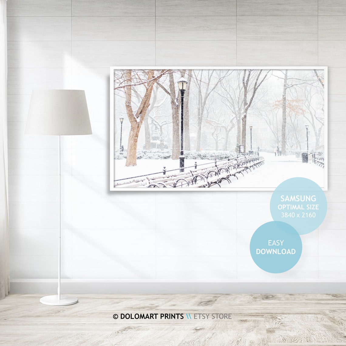 Snowy Park Path With Benches And Lampposts Winter Wonderland Poster - Image 4