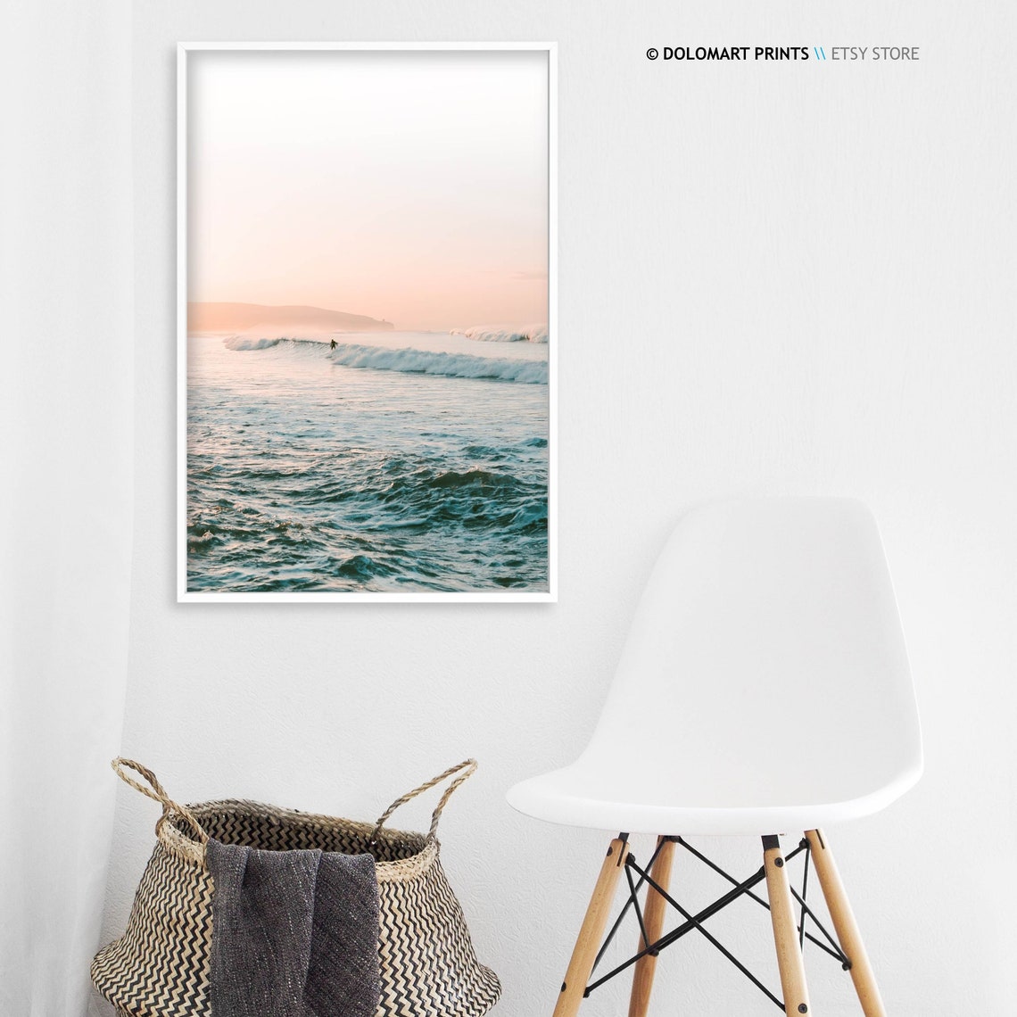 Surfer Riding Ocean Wave At Sunrise Pastel Beach Surf Scene Poster - Image 3