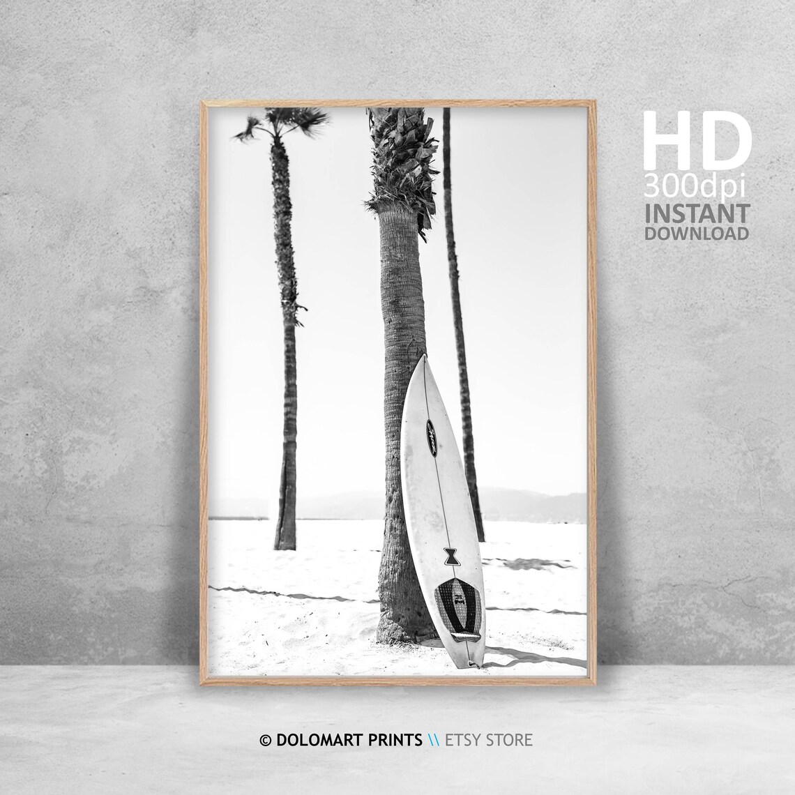 Black And White Surfboard Palm Trees Tropical Beach Photography Poster - Image 3