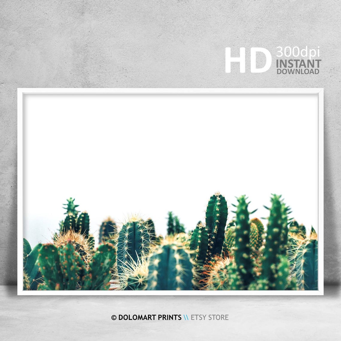 Green Cactus Plants Row On White Background Minimal Botanical Poster