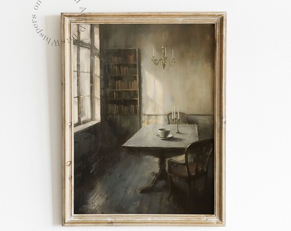 Dim Dining Room With Bookshelf And Chandelier Moody Interior Painting Poster