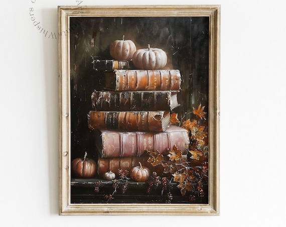 Stack of Antique Books with Pumpkins Dark Autumn Still Life Poster