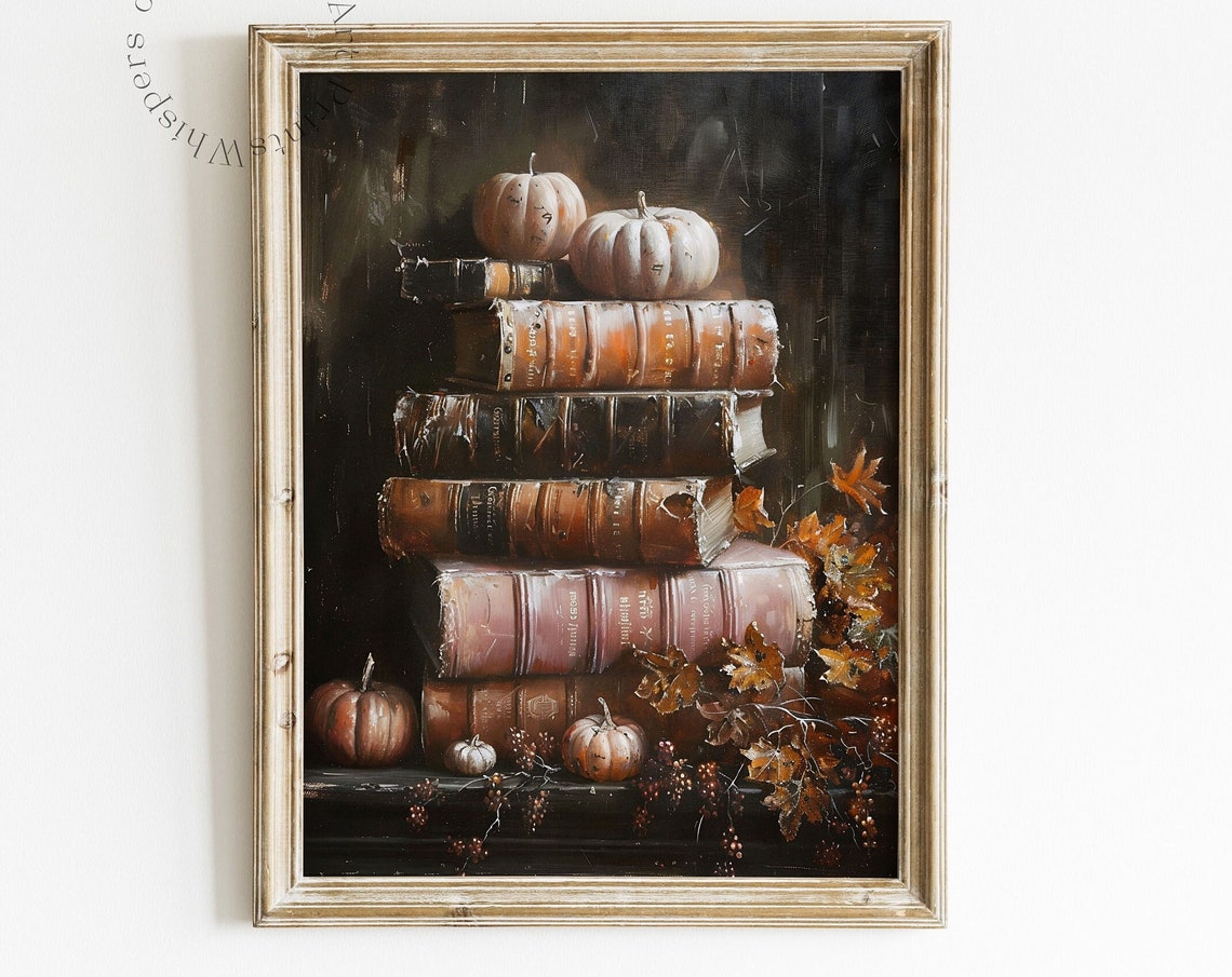 Stack of Antique Books with Pumpkins Dark Autumn Still Life Poster