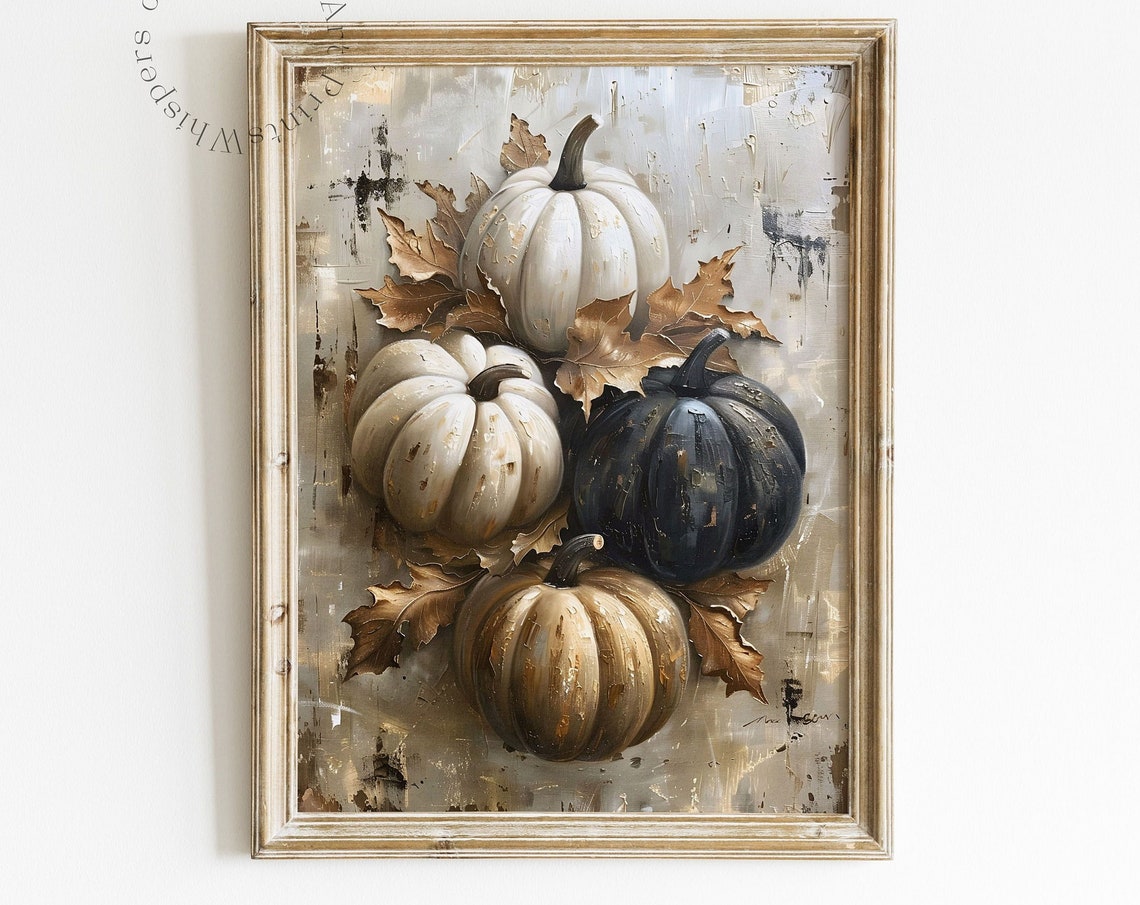White and Black Pumpkins Stack Neutral Fall Art Painting Poster